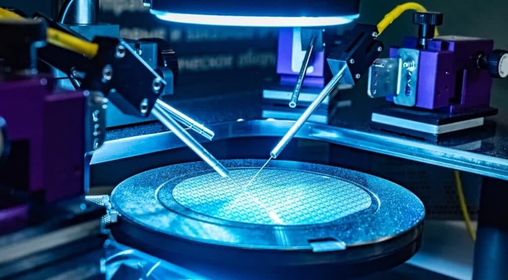 Robotic arms manufacturing a semiconductor wafer
